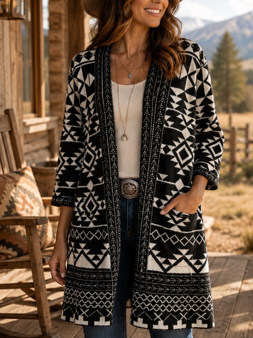 Frye Black & Ivory Southwestern Open Front Cardigan XXL NWT